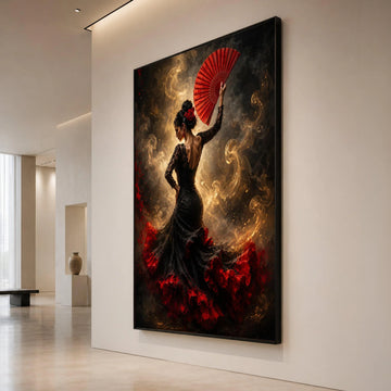Flamenco Dancer with Red Fan Canvas, Spanish Dance Art, Elegant Woman Portrait, Black and Red Dress Canvas, Dynamic Wall Canvas Print Art