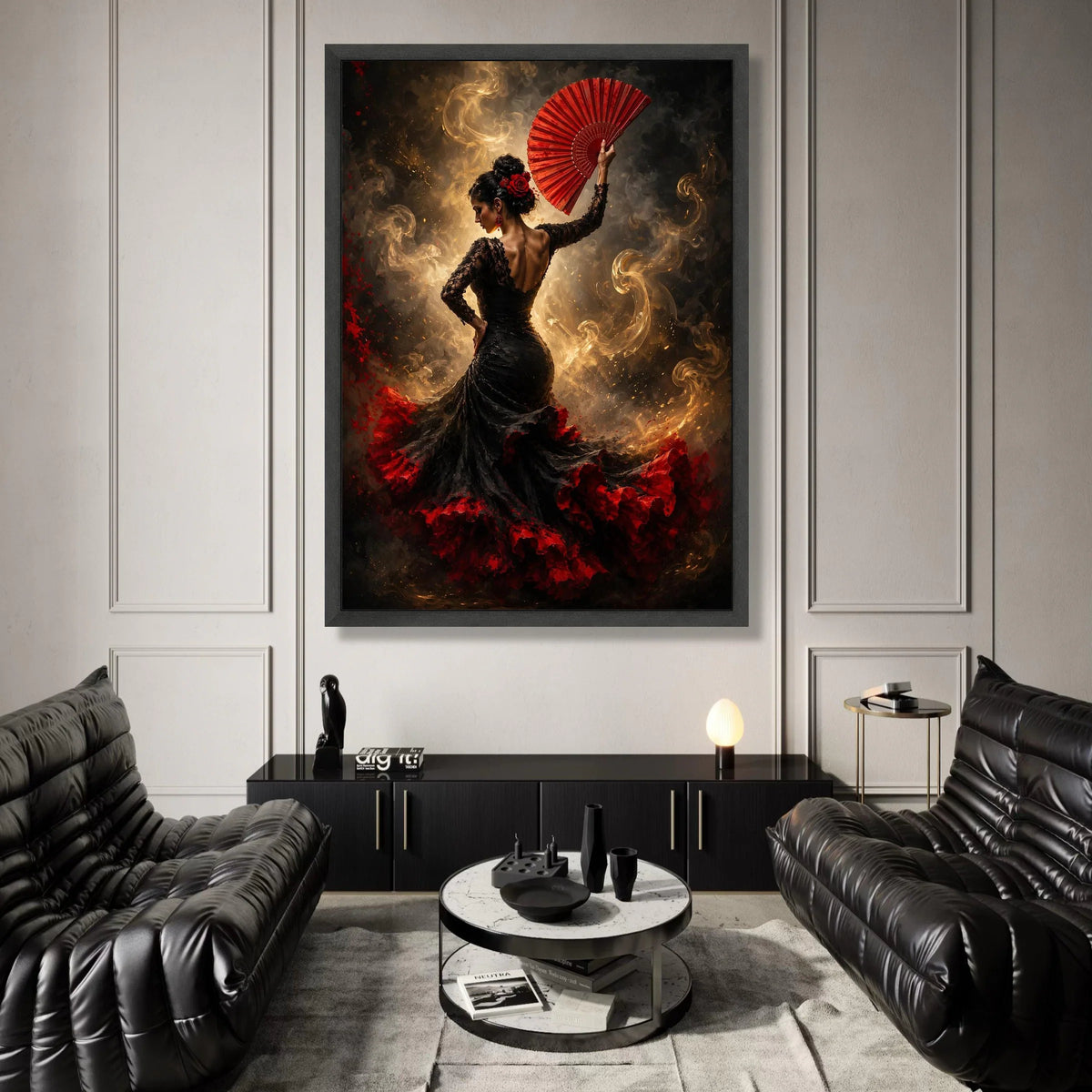 Flamenco Dancer with Red Fan Canvas, Spanish Dance Art, Elegant Woman Portrait, Black and Red Dress Canvas, Dynamic Wall Canvas Print Art