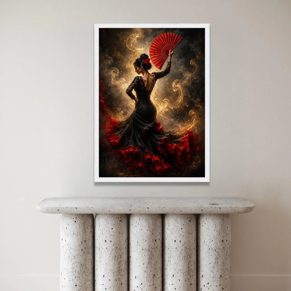 Flamenco Dancer with Red Fan Canvas, Spanish Dance Art, Elegant Woman Portrait, Black and Red Dress Canvas, Dynamic Wall Canvas Print Art