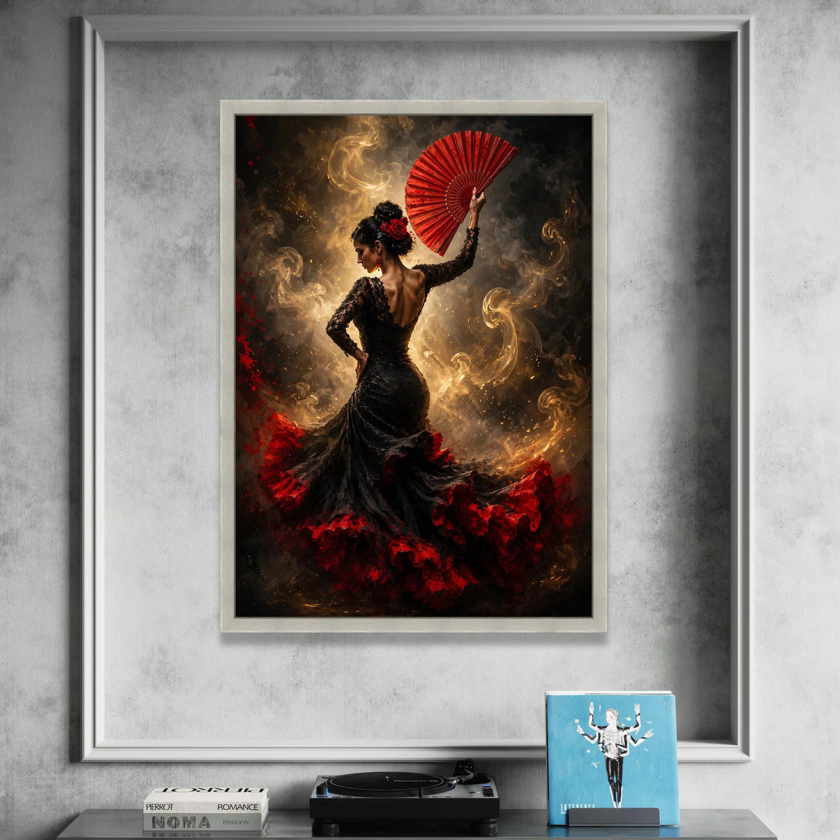 Flamenco Dancer with Red Fan Canvas, Spanish Dance Art, Elegant Woman Portrait, Black and Red Dress Canvas, Dynamic Wall Canvas Print Art