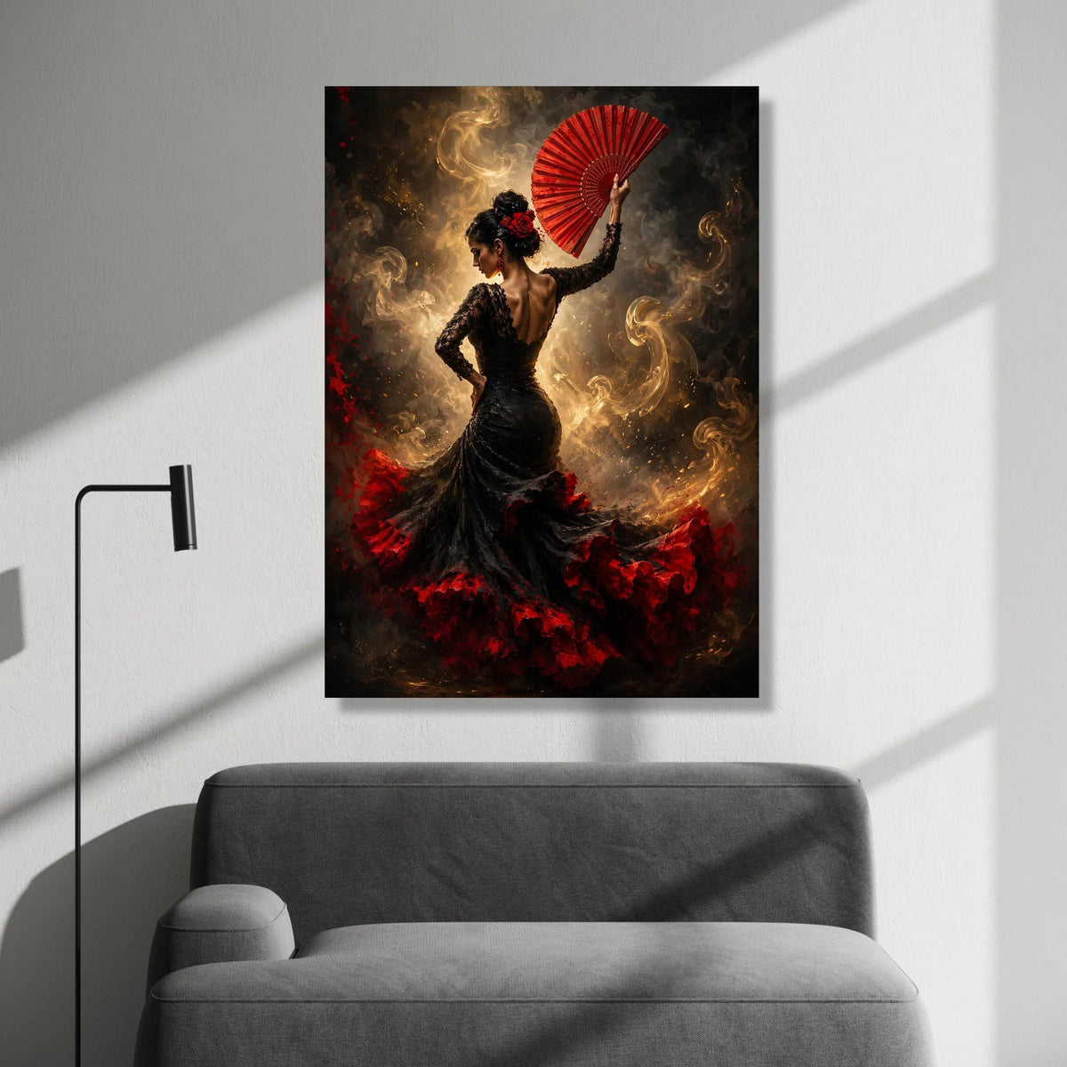 Flamenco Dancer with Red Fan Canvas, Spanish Dance Art, Elegant Woman Portrait, Black and Red Dress Canvas, Dynamic Wall Canvas Print Art