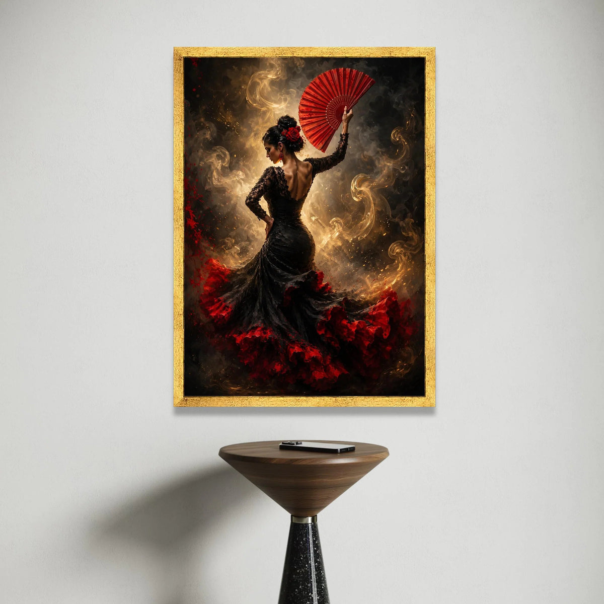 Flamenco Dancer with Red Fan Canvas, Spanish Dance Art, Elegant Woman Portrait, Black and Red Dress Canvas, Dynamic Wall Canvas Print Art