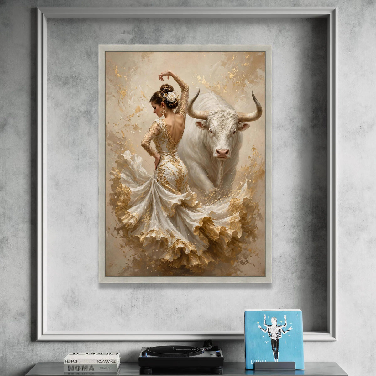 Graceful Flamenco Dancer with White Bull Canvas Wall Art, Elegant Spanish Dance Scene, Feminine Movement Painting, Home Canvas Print Art