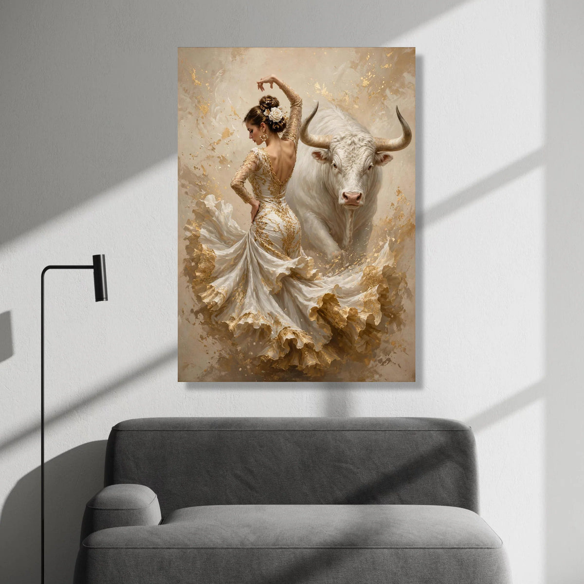 Graceful Flamenco Dancer with White Bull Canvas Wall Art, Elegant Spanish Dance Scene, Feminine Movement Painting, Home Canvas Print Art