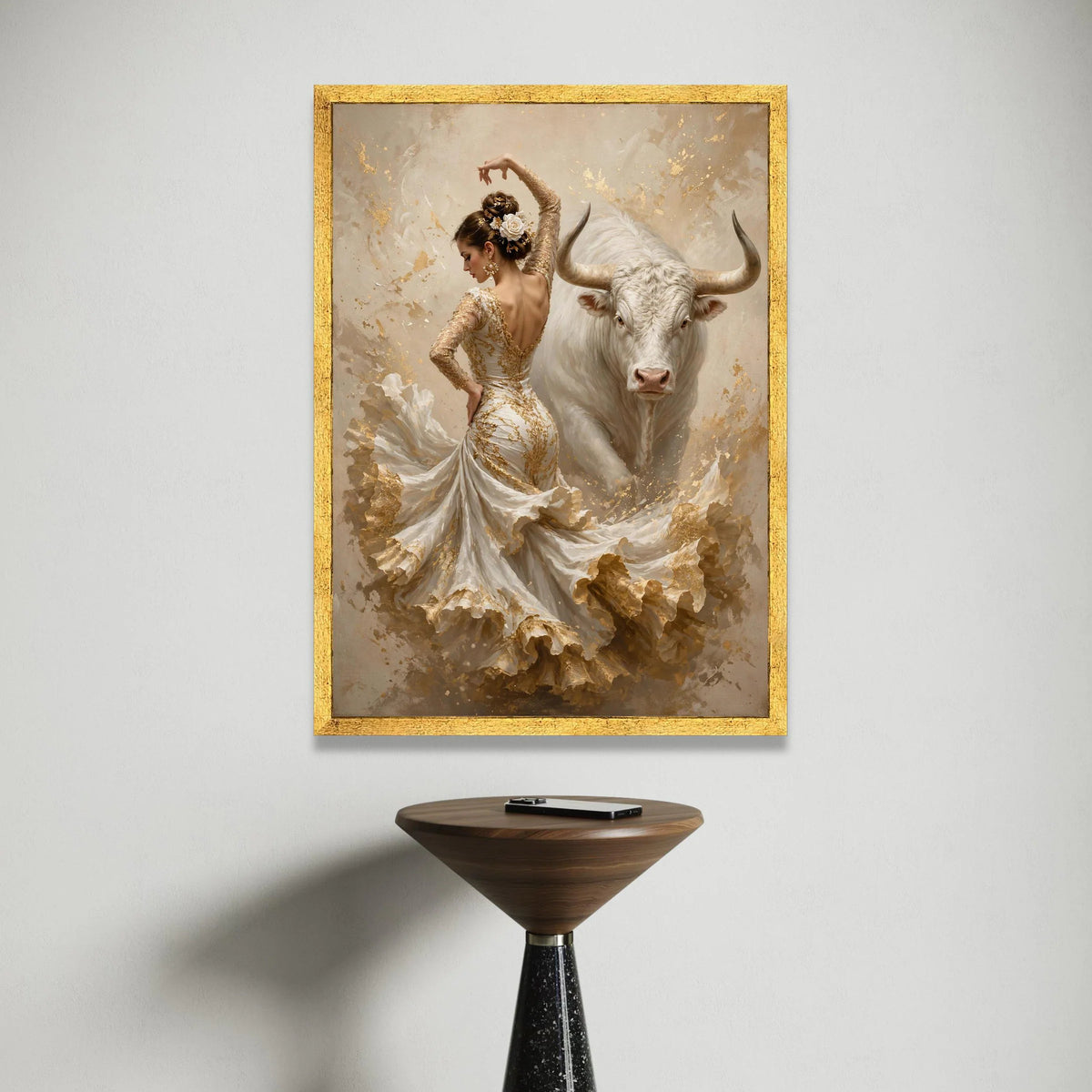 Graceful Flamenco Dancer with White Bull Canvas Wall Art, Elegant Spanish Dance Scene, Feminine Movement Painting, Home Canvas Print Art