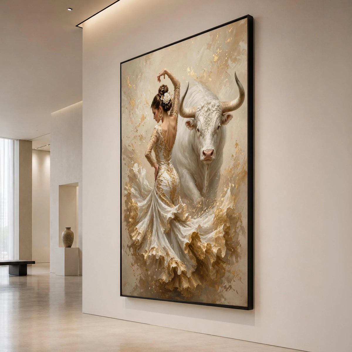 Graceful Flamenco Dancer with White Bull Canvas Wall Art, Elegant Spanish Dance Scene, Feminine Movement Painting, Home Canvas Print Art