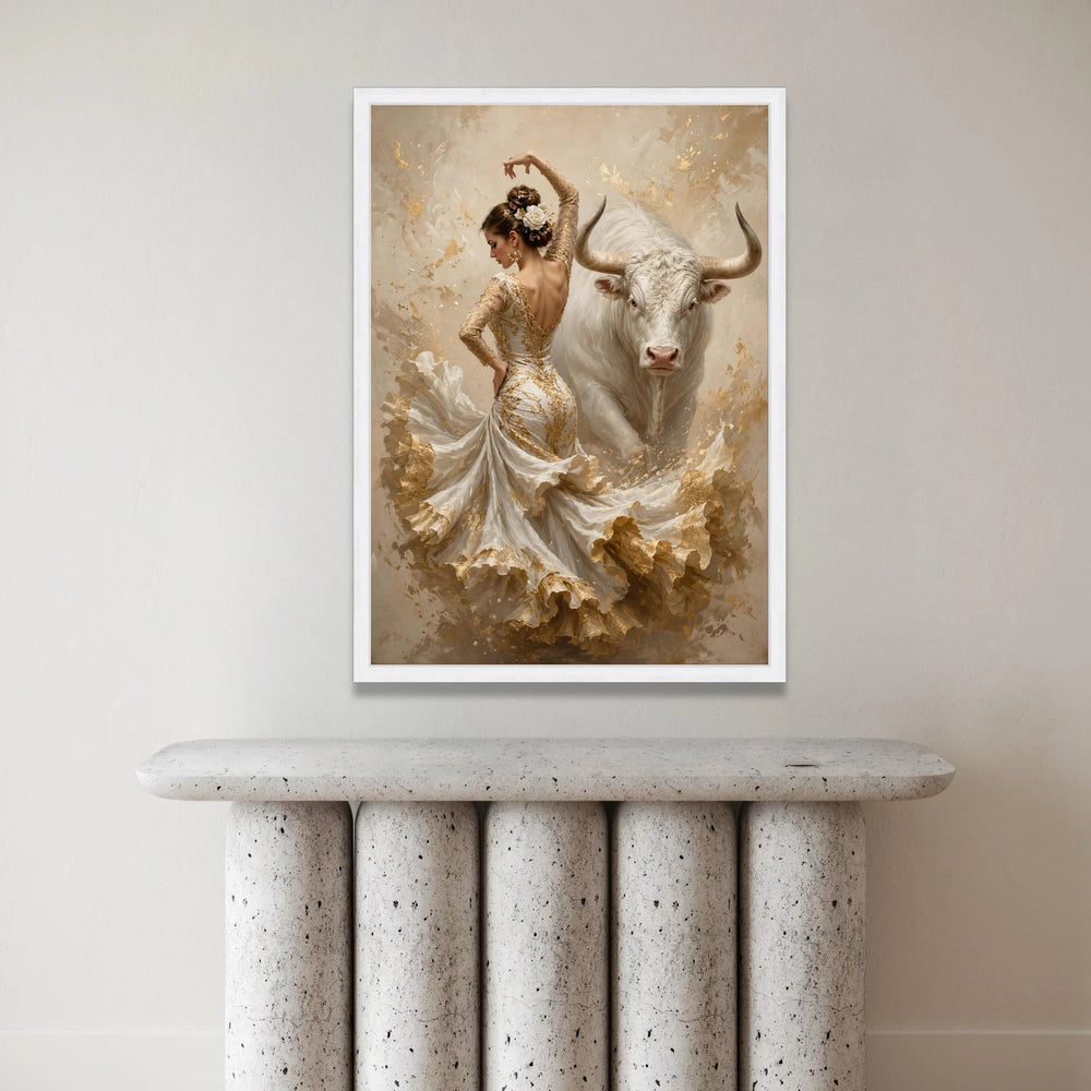 Graceful Flamenco Dancer with White Bull Canvas Wall Art, Elegant Spanish Dance Scene, Feminine Movement Painting, Home Canvas Print Art