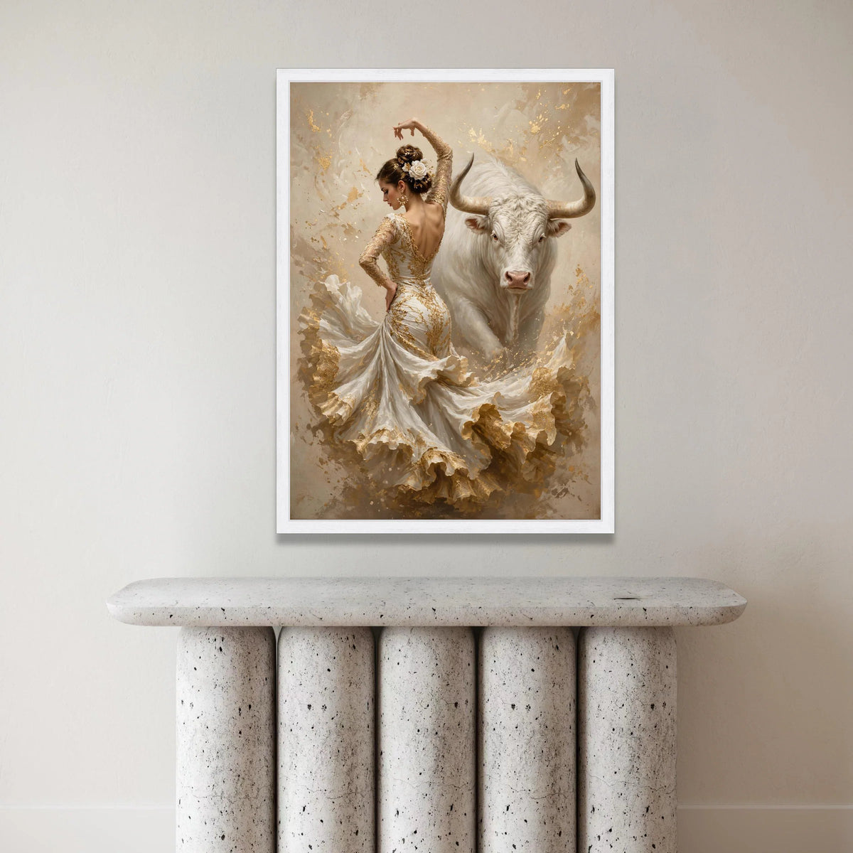 Graceful Flamenco Dancer with White Bull Canvas Wall Art, Elegant Spanish Dance Scene, Feminine Movement Painting, Home Canvas Print Art