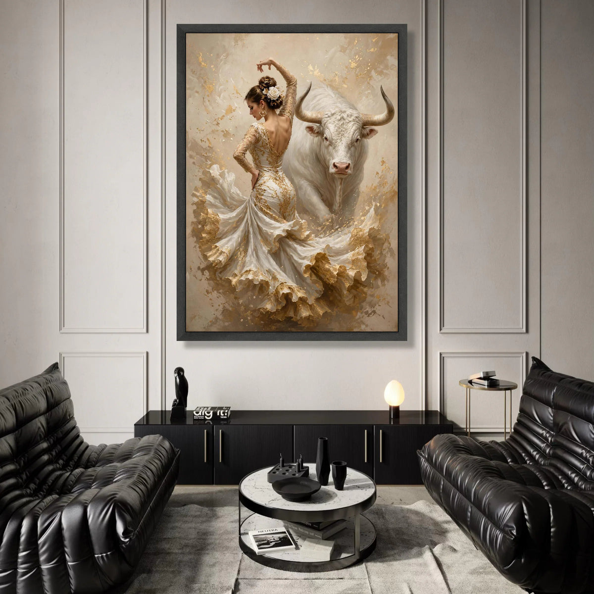 Graceful Flamenco Dancer with White Bull Canvas Wall Art, Elegant Spanish Dance Scene, Feminine Movement Painting, Home Canvas Print Art
