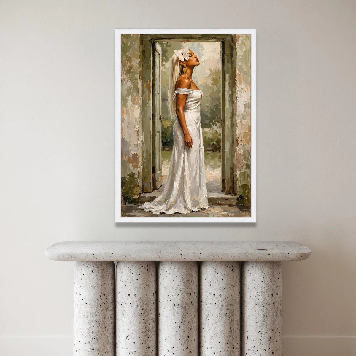 Elegant Woman White Dress Canvas, Butterfly Hair Accessory, Fashion Portrait Wall Art, Classic Beauty Canvas, Home Canvas Print Art