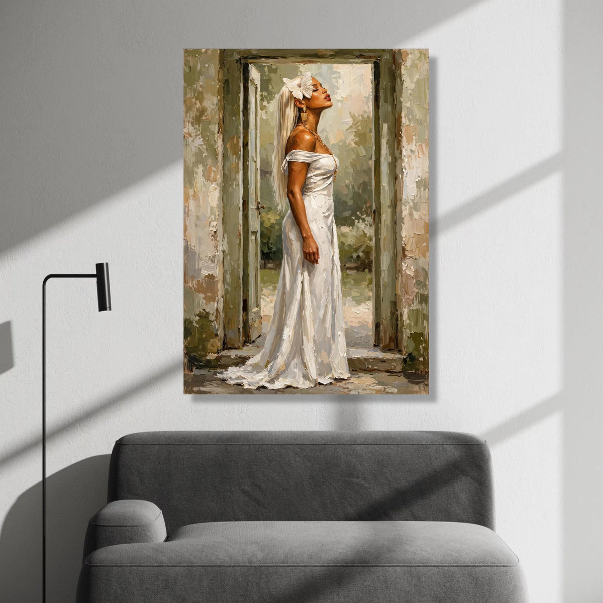 Elegant Woman White Dress Canvas, Butterfly Hair Accessory, Fashion Portrait Wall Art, Classic Beauty Canvas, Home Canvas Print Art