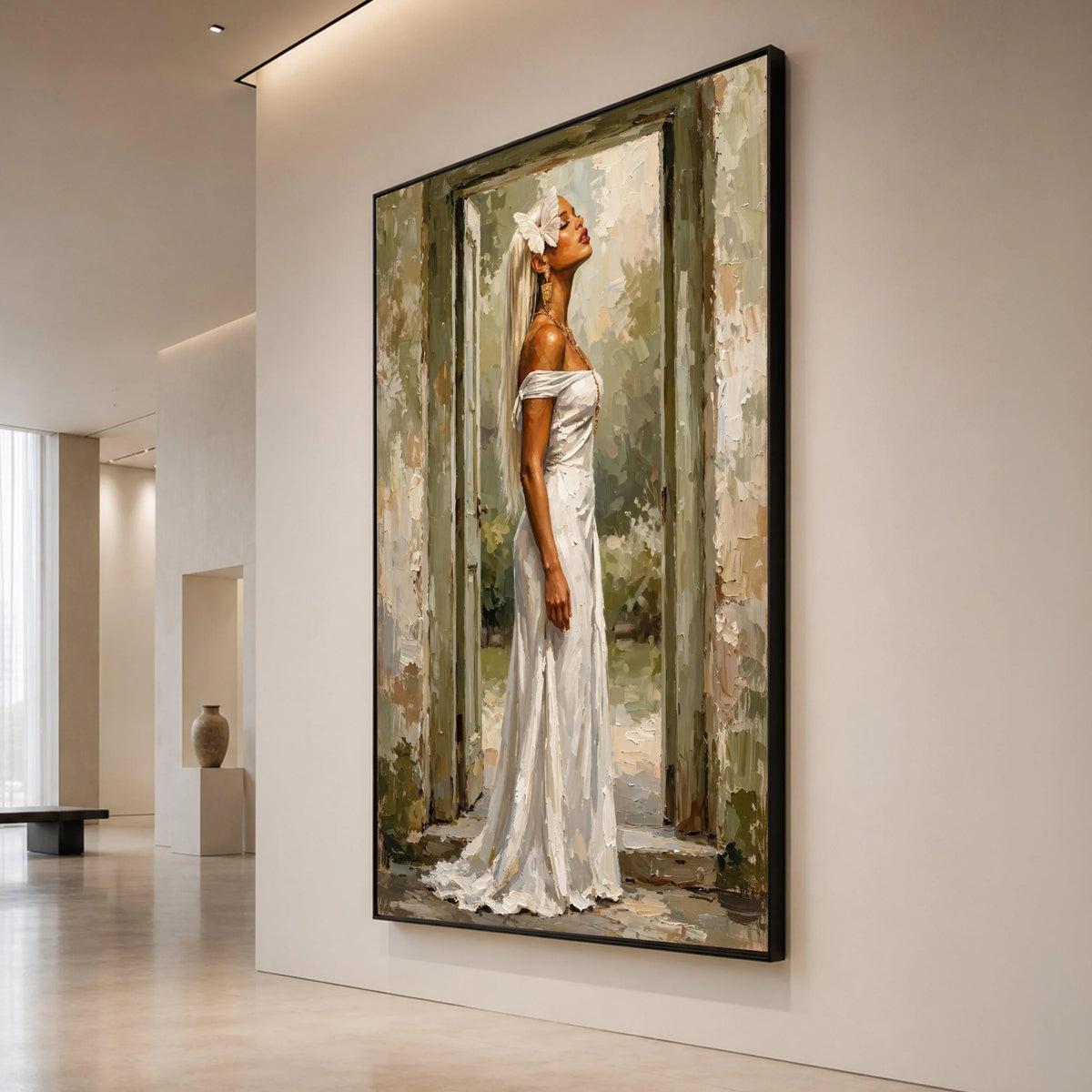 Elegant Woman White Dress Canvas, Butterfly Hair Accessory, Fashion Portrait Wall Art, Classic Beauty Canvas, Home Canvas Print Art