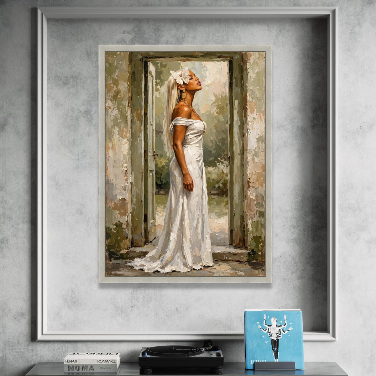 Elegant Woman White Dress Canvas, Butterfly Hair Accessory, Fashion Portrait Wall Art, Classic Beauty Canvas, Home Canvas Print Art