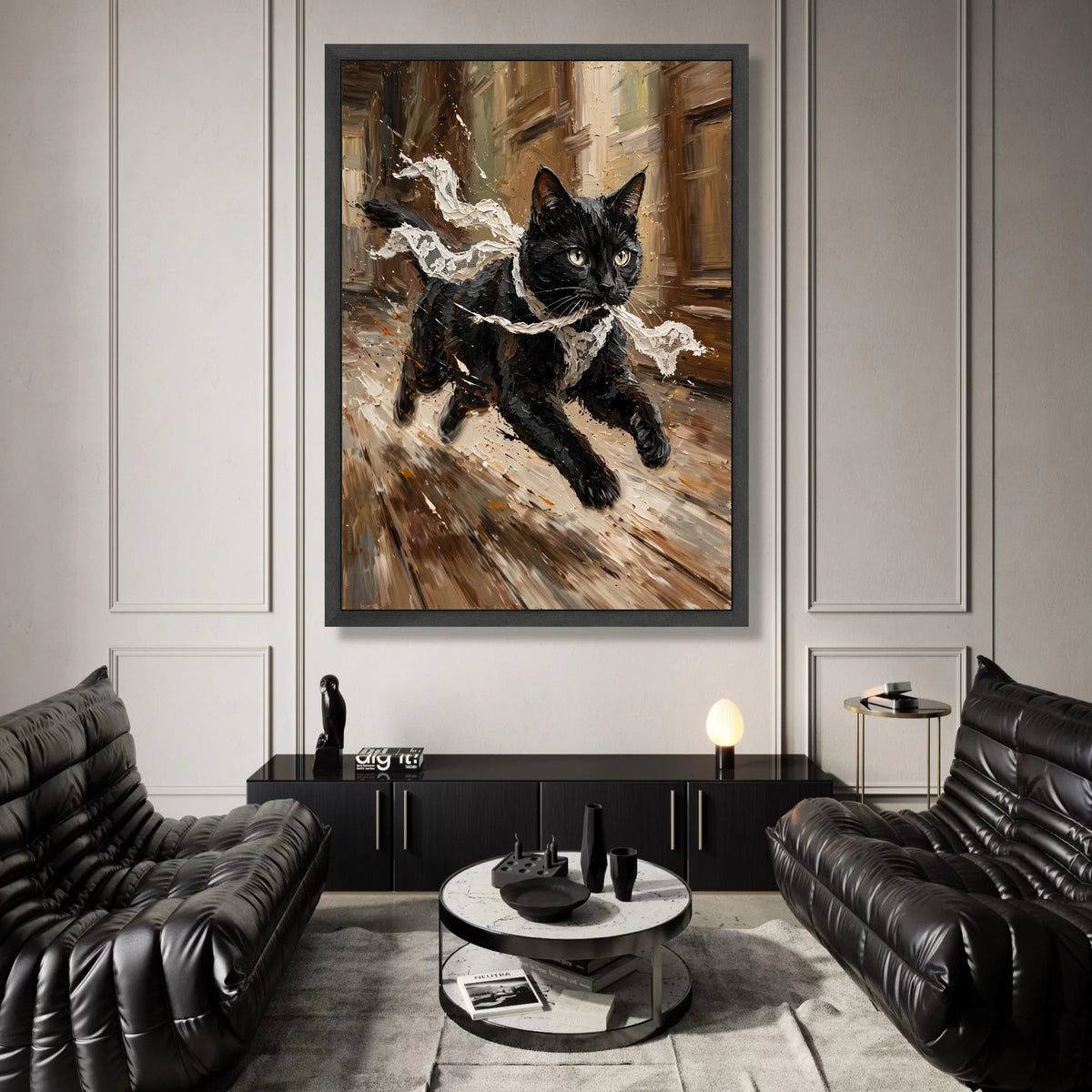 Energetic Black Cat Running Canvas, Lace Scarf Motion Art, Playful Feline Wall Decor, Dynamic Animal Canvas, Home Canvas Print Art