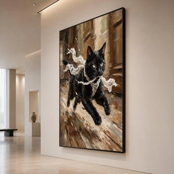Energetic Black Cat Running Canvas, Lace Scarf Motion Art, Playful Feline Wall Decor, Dynamic Animal Canvas, Home Canvas Print Art