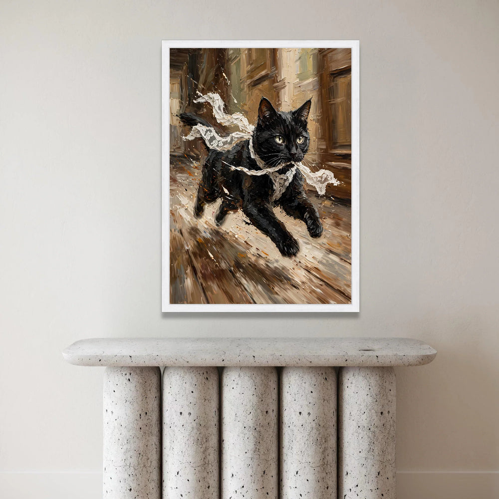 Energetic Black Cat Running Canvas, Lace Scarf Motion Art, Playful Feline Wall Decor, Dynamic Animal Canvas, Home Canvas Print Art