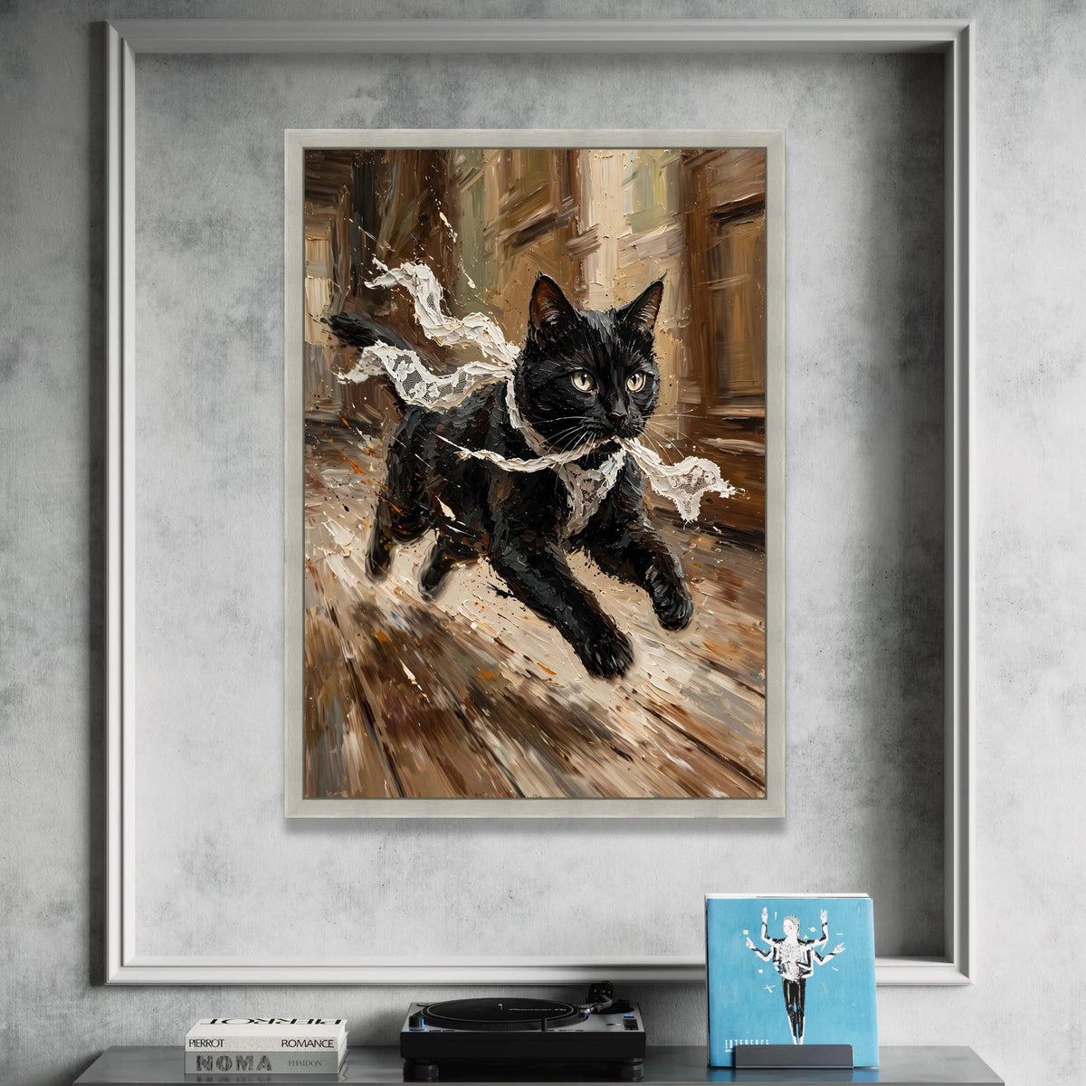 Energetic Black Cat Running Canvas, Lace Scarf Motion Art, Playful Feline Wall Decor, Dynamic Animal Canvas, Home Canvas Print Art
