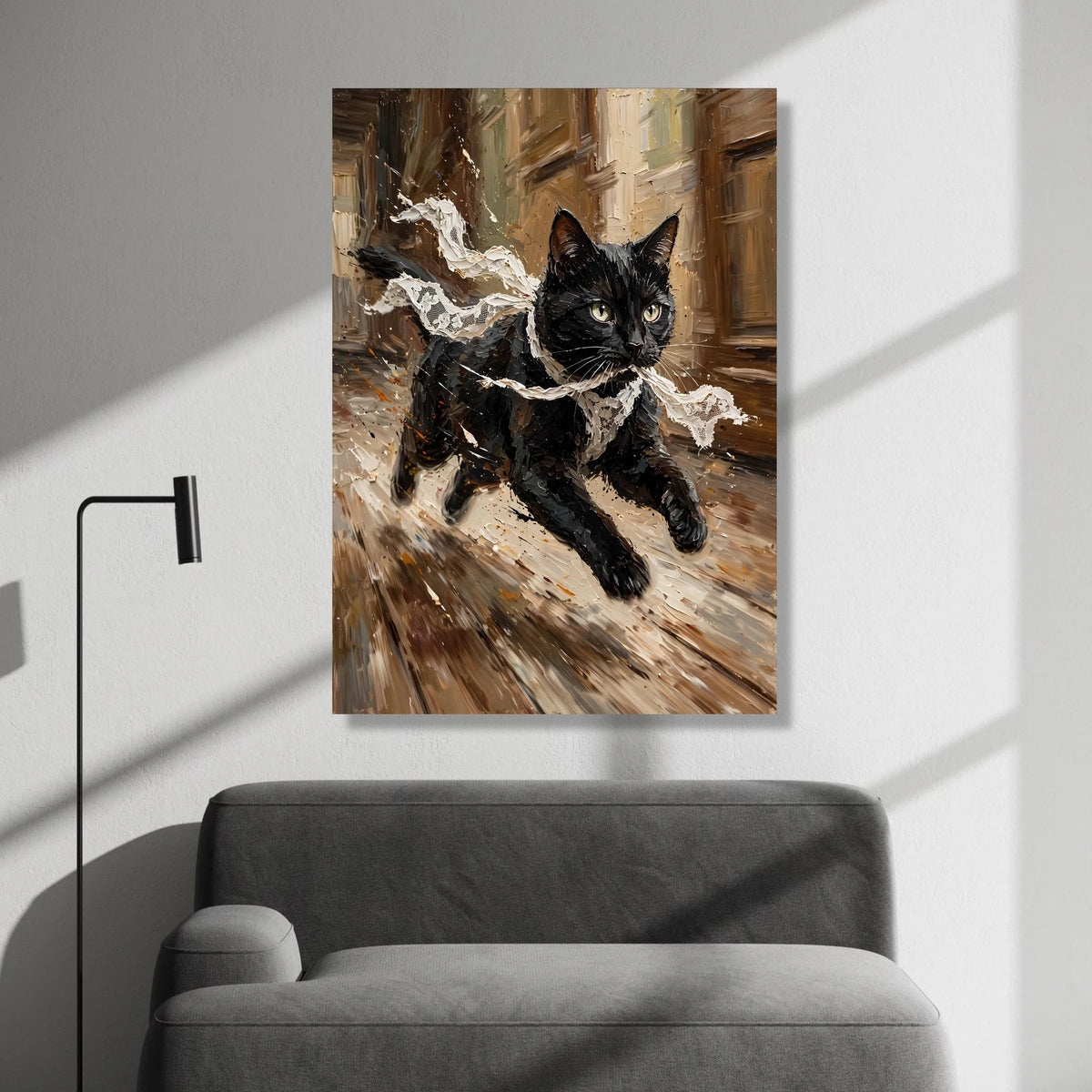 Energetic Black Cat Running Canvas, Lace Scarf Motion Art, Playful Feline Wall Decor, Dynamic Animal Canvas, Home Canvas Print Art