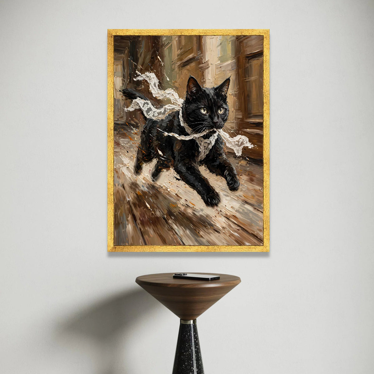 Energetic Black Cat Running Canvas, Lace Scarf Motion Art, Playful Feline Wall Decor, Dynamic Animal Canvas, Home Canvas Print Art