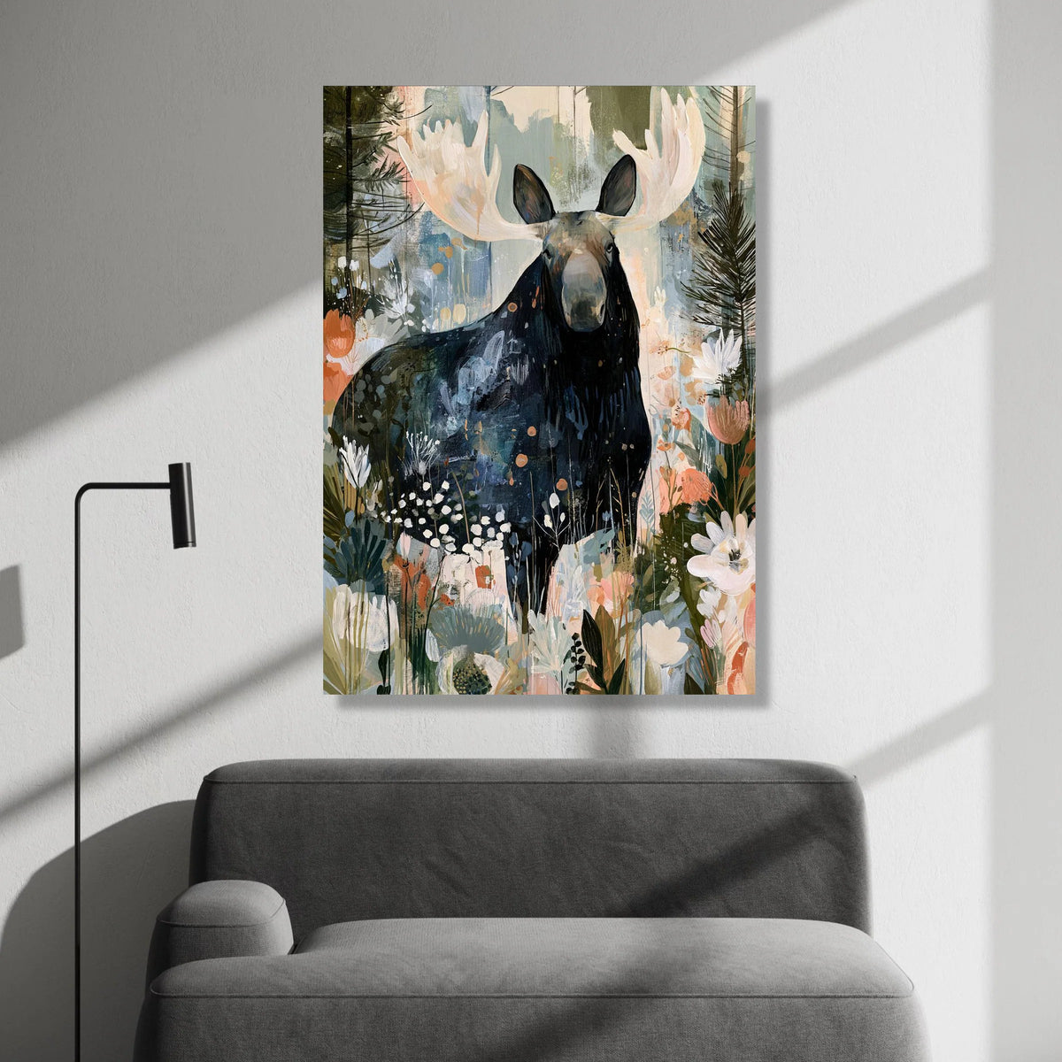 Majestic Moose Wildflowers Canvas, Rustic Forest Animal Wall Art, Nature Landscape Canvas, Woodland Scene Decoration, Ready Canvas Print Art