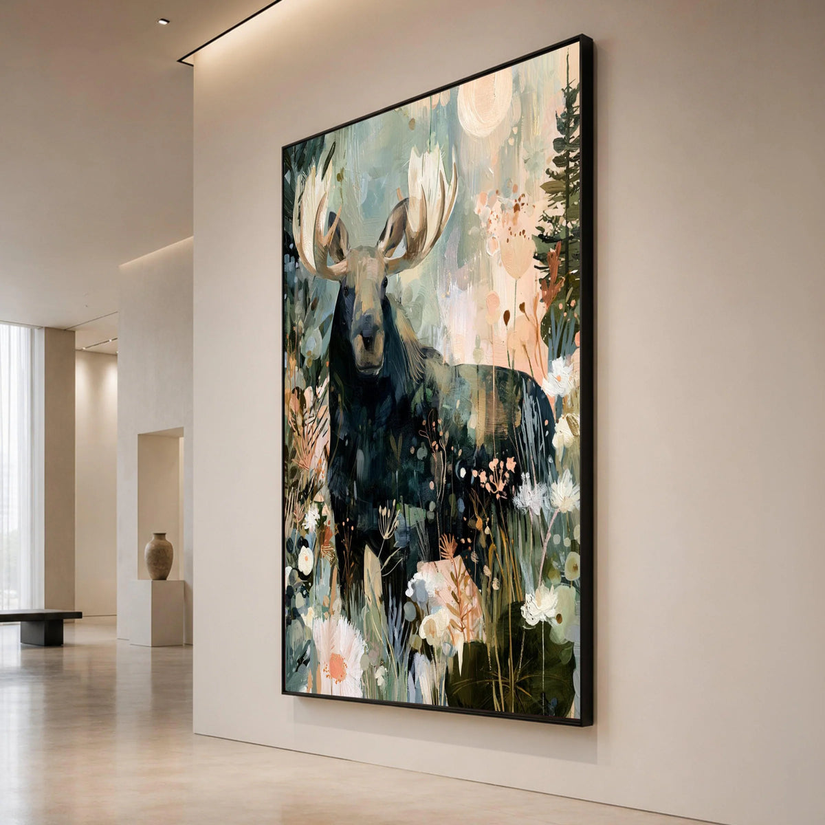 Majestic Moose Floral Meadow Canvas, Woodland Animal Art, Nature Wall Decor, Forest Landscape Canvas, Home Decoration Canvas Print Art