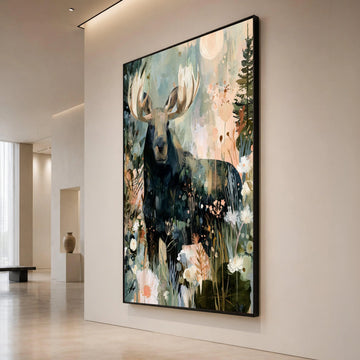 Majestic Moose Floral Meadow Canvas, Woodland Animal Art, Nature Wall Decor, Forest Landscape Canvas, Home Decoration Canvas Print Art