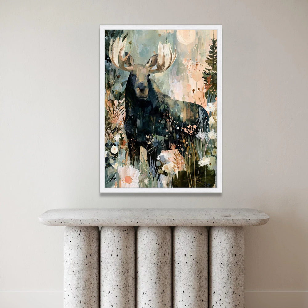 Majestic Moose Floral Meadow Canvas, Woodland Animal Art, Nature Wall Decor, Forest Landscape Canvas, Home Decoration Canvas Print Art