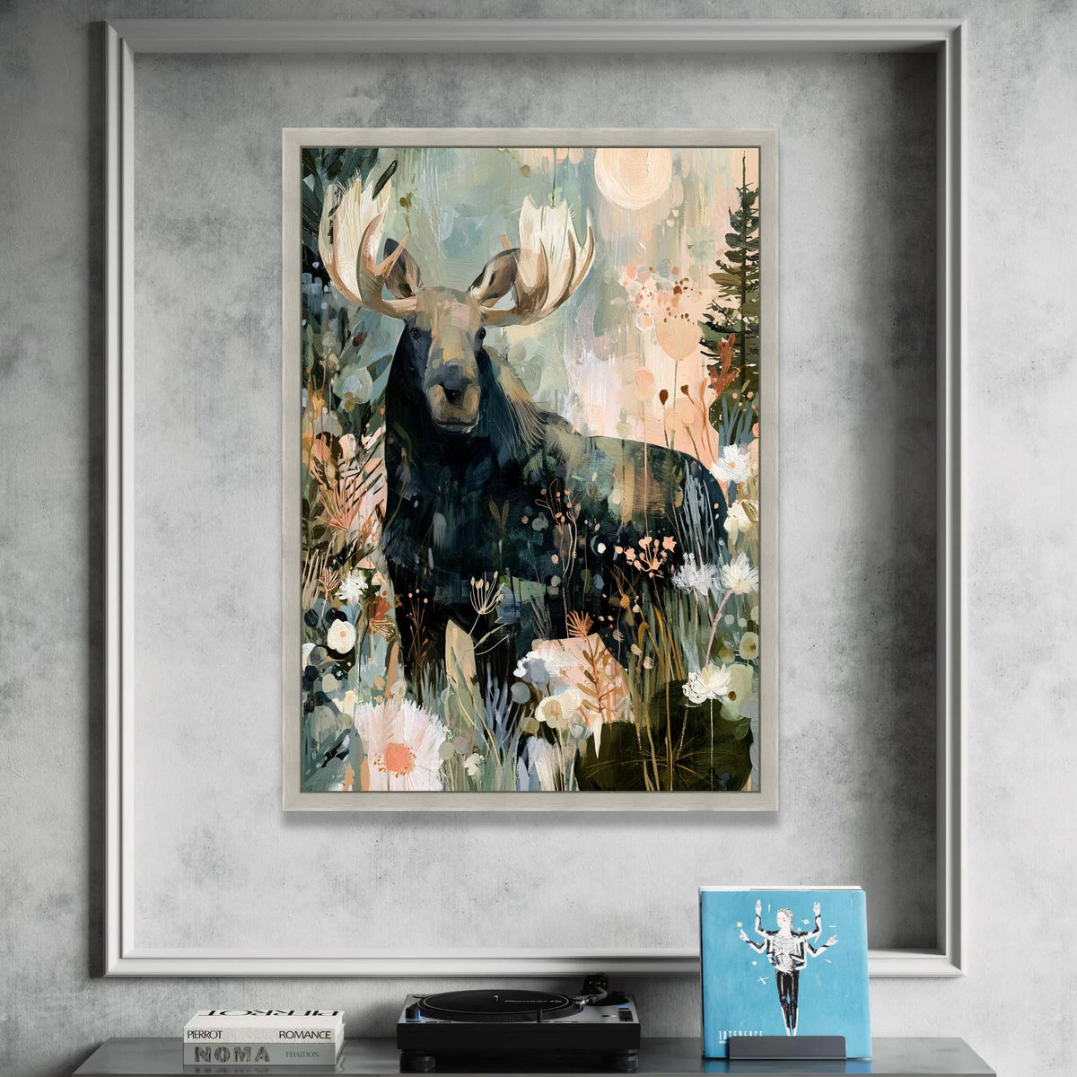 Majestic Moose Floral Meadow Canvas, Woodland Animal Art, Nature Wall Decor, Forest Landscape Canvas, Home Decoration Canvas Print Art