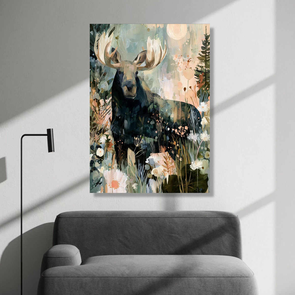 Majestic Moose Floral Meadow Canvas, Woodland Animal Art, Nature Wall Decor, Forest Landscape Canvas, Home Decoration Canvas Print Art