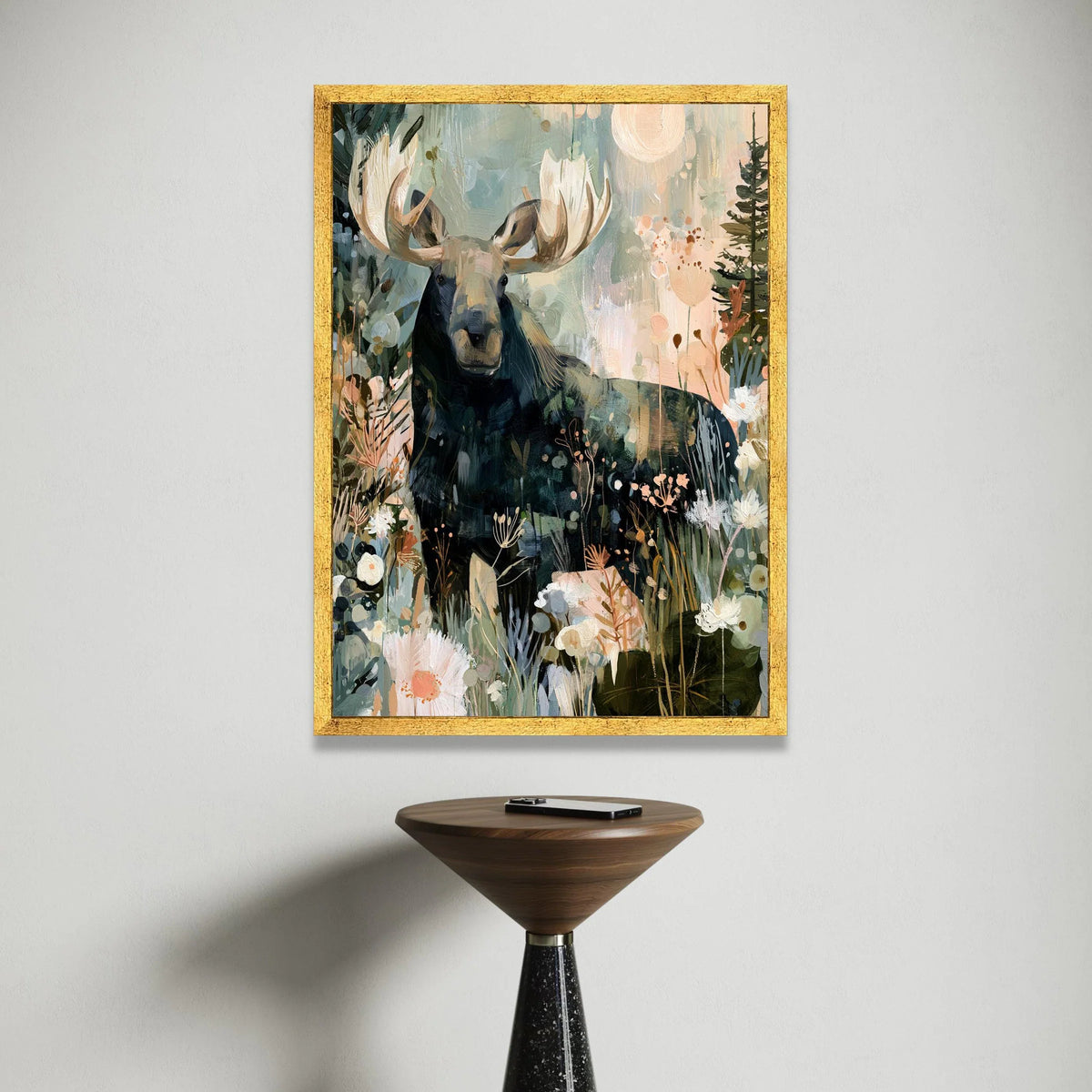 Majestic Moose Floral Meadow Canvas, Woodland Animal Art, Nature Wall Decor, Forest Landscape Canvas, Home Decoration Canvas Print Art