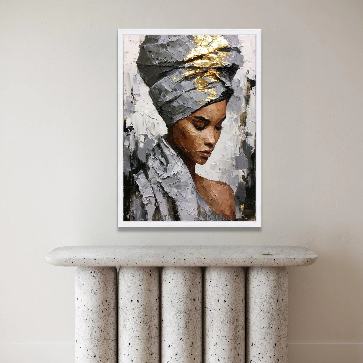 Elegant Woman Portrait Canvas, Modern African Art, Metallic Gold Headwrap Painting, Contemporary Wall Art, Home Decor Canvas Print Art
