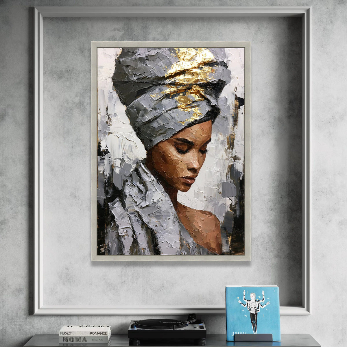 Elegant Woman Portrait Canvas, Modern African Art, Metallic Gold Headwrap Painting, Contemporary Wall Art, Home Decor Canvas Print Art