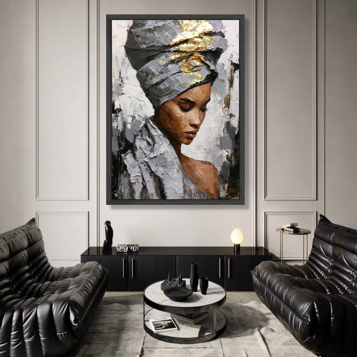 Elegant Woman Portrait Canvas, Modern African Art, Metallic Gold Headwrap Painting, Contemporary Wall Art, Home Decor Canvas Print Art