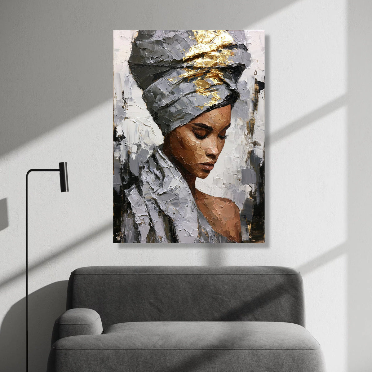 Elegant Woman Portrait Canvas, Modern African Art, Metallic Gold Headwrap Painting, Contemporary Wall Art, Home Decor Canvas Print Art