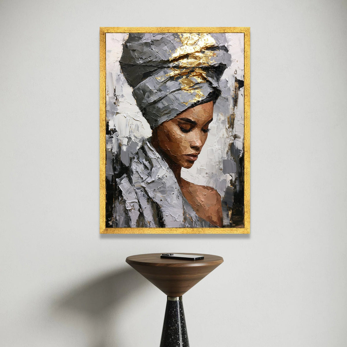 Elegant Woman Portrait Canvas, Modern African Art, Metallic Gold Headwrap Painting, Contemporary Wall Art, Home Decor Canvas Print Art