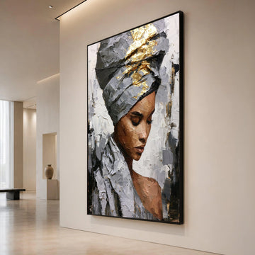Elegant Woman Portrait Canvas, Modern African Art, Metallic Gold Headwrap Painting, Contemporary Wall Art, Home Decor Canvas Print Art