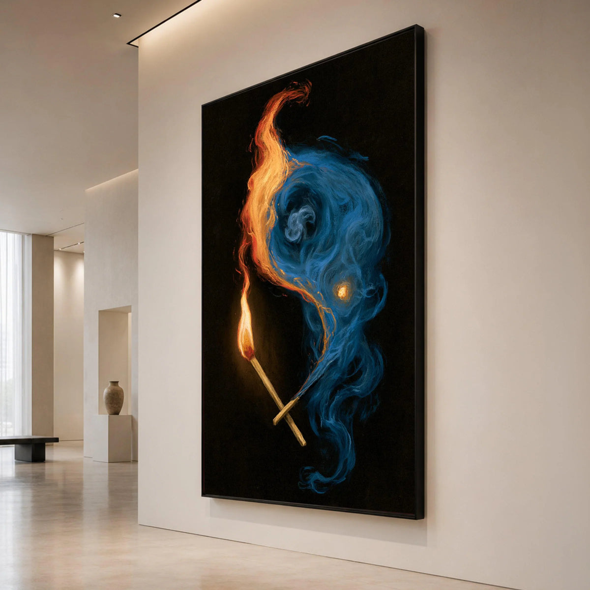 Fiery Matchstick Flames with Blue and Orange Smoke Canvas, Abstract Fire Art, Dynamic Wall Decoration, Ready to Hang Home Canvas Print Art