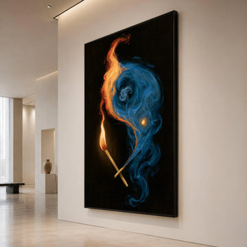Fiery Matchstick Flames with Blue and Orange Smoke Canvas, Abstract Fire Art, Dynamic Wall Decoration, Ready to Hang Home Canvas Print Art