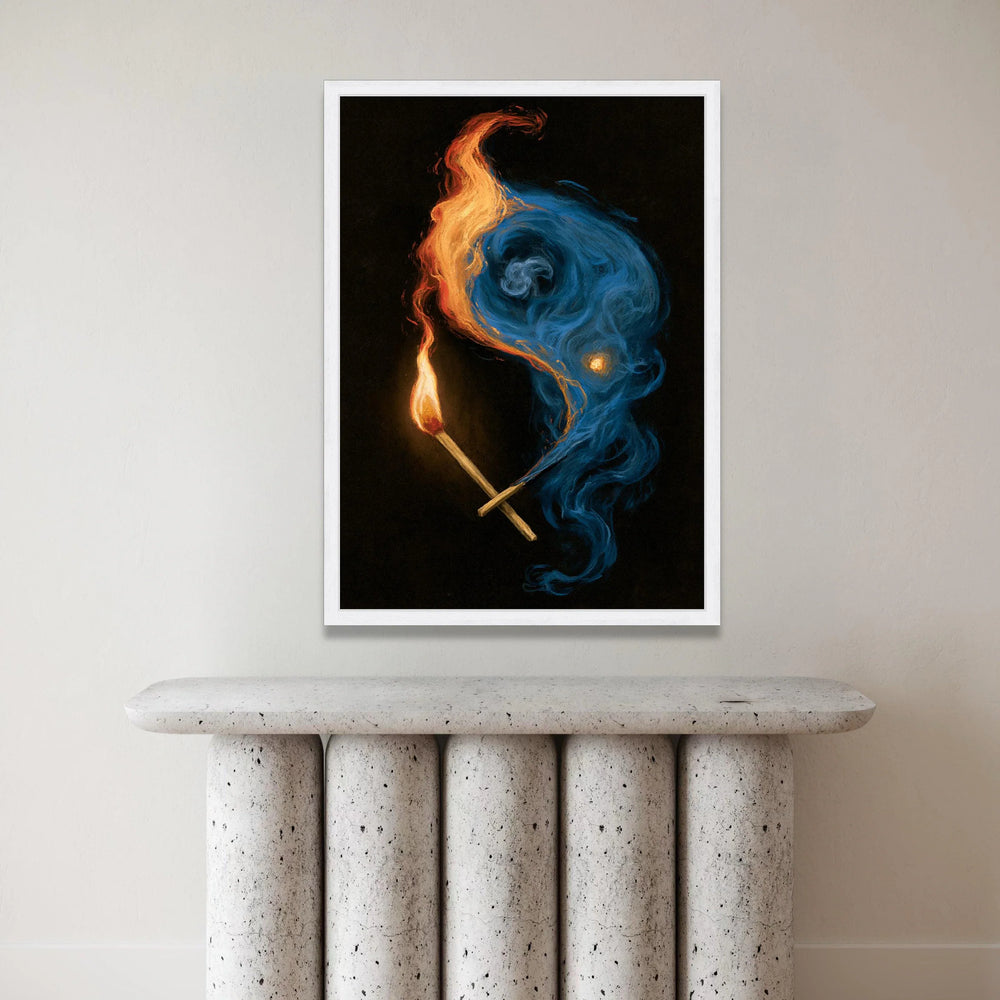 Fiery Matchstick Flames with Blue and Orange Smoke Canvas, Abstract Fire Art, Dynamic Wall Decoration, Ready to Hang Home Canvas Print Art