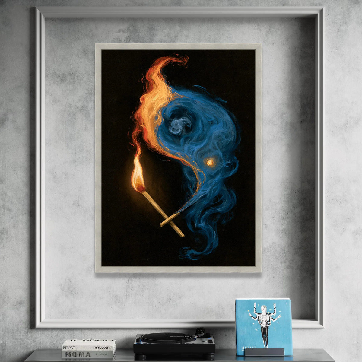Fiery Matchstick Flames with Blue and Orange Smoke Canvas, Abstract Fire Art, Dynamic Wall Decoration, Ready to Hang Home Canvas Print Art