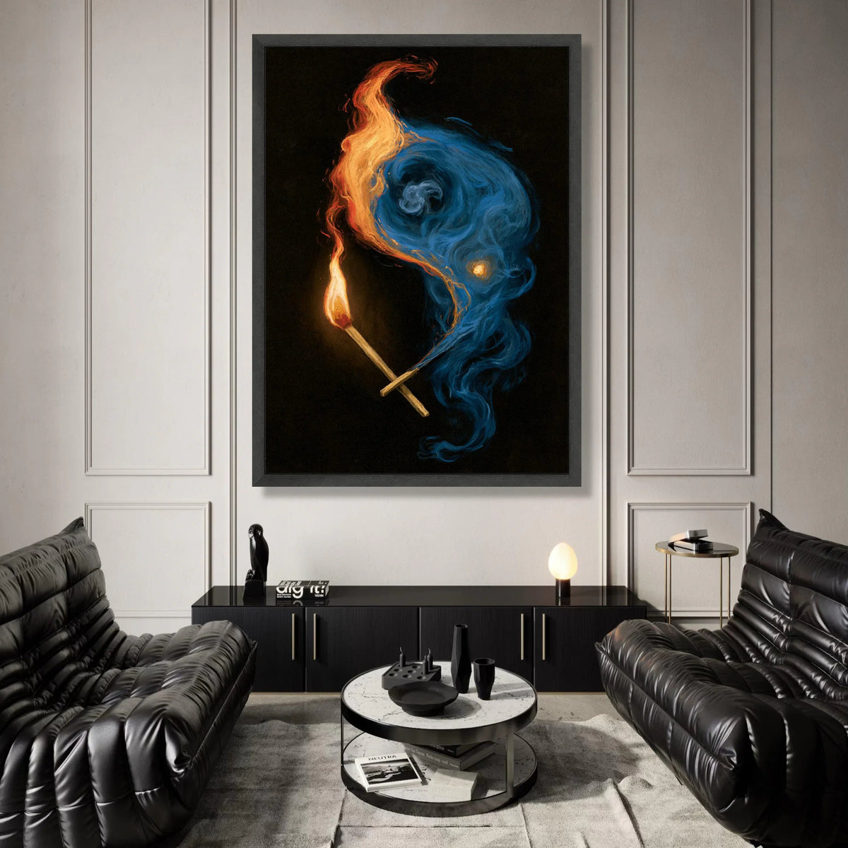 Fiery Matchstick Flames with Blue and Orange Smoke Canvas, Abstract Fire Art, Dynamic Wall Decoration, Ready to Hang Home Canvas Print Art