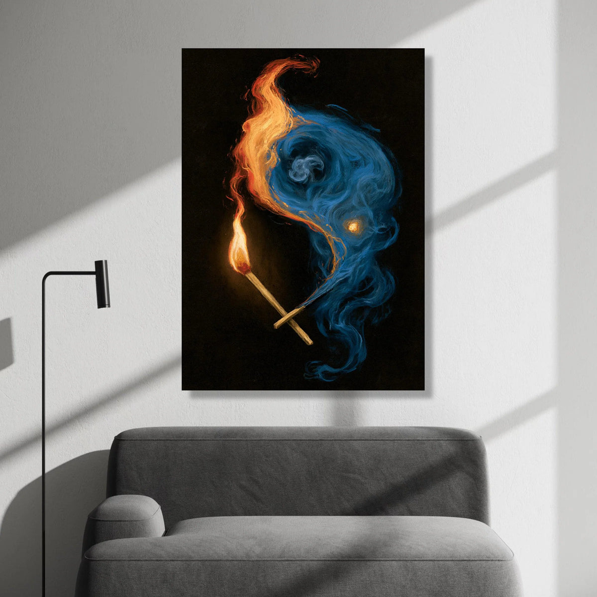 Fiery Matchstick Flames with Blue and Orange Smoke Canvas, Abstract Fire Art, Dynamic Wall Decoration, Ready to Hang Home Canvas Print Art