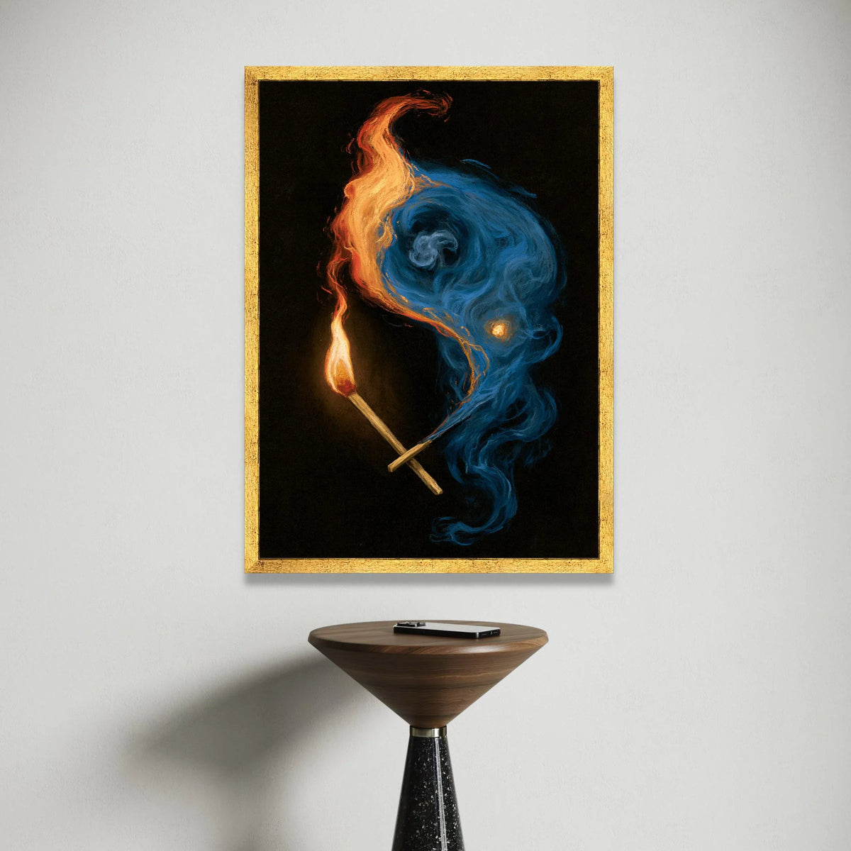 Fiery Matchstick Flames with Blue and Orange Smoke Canvas, Abstract Fire Art, Dynamic Wall Decoration, Ready to Hang Home Canvas Print Art