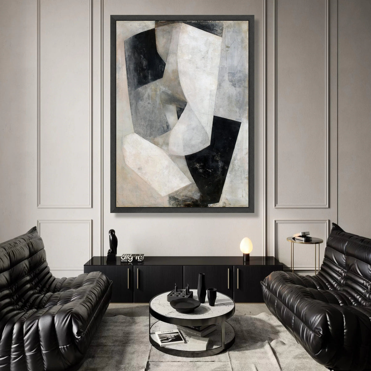 Monochrome Cubist Composition Canvas, Abstract Geometric Wall Art, Modern Neutral Tones Canvas, Contemporary Home Canvas Print Art