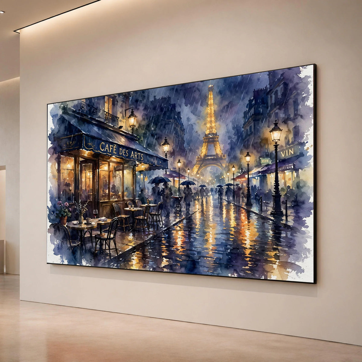 Rainy Paris Street Scene Canvas Wall Art, Eiffel Tower at Night, Cafe Terrace Painting, Romantic Cityscape Decor, Parisian Canvas Print Art