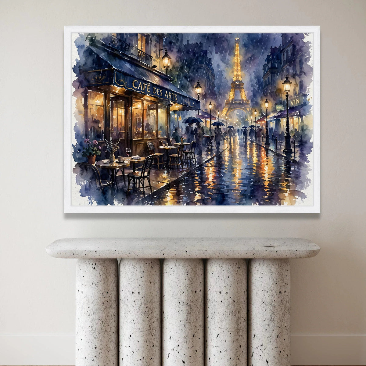 Rainy Paris Street Scene Canvas Wall Art, Eiffel Tower at Night, Cafe Terrace Painting, Romantic Cityscape Decor, Parisian Canvas Print Art