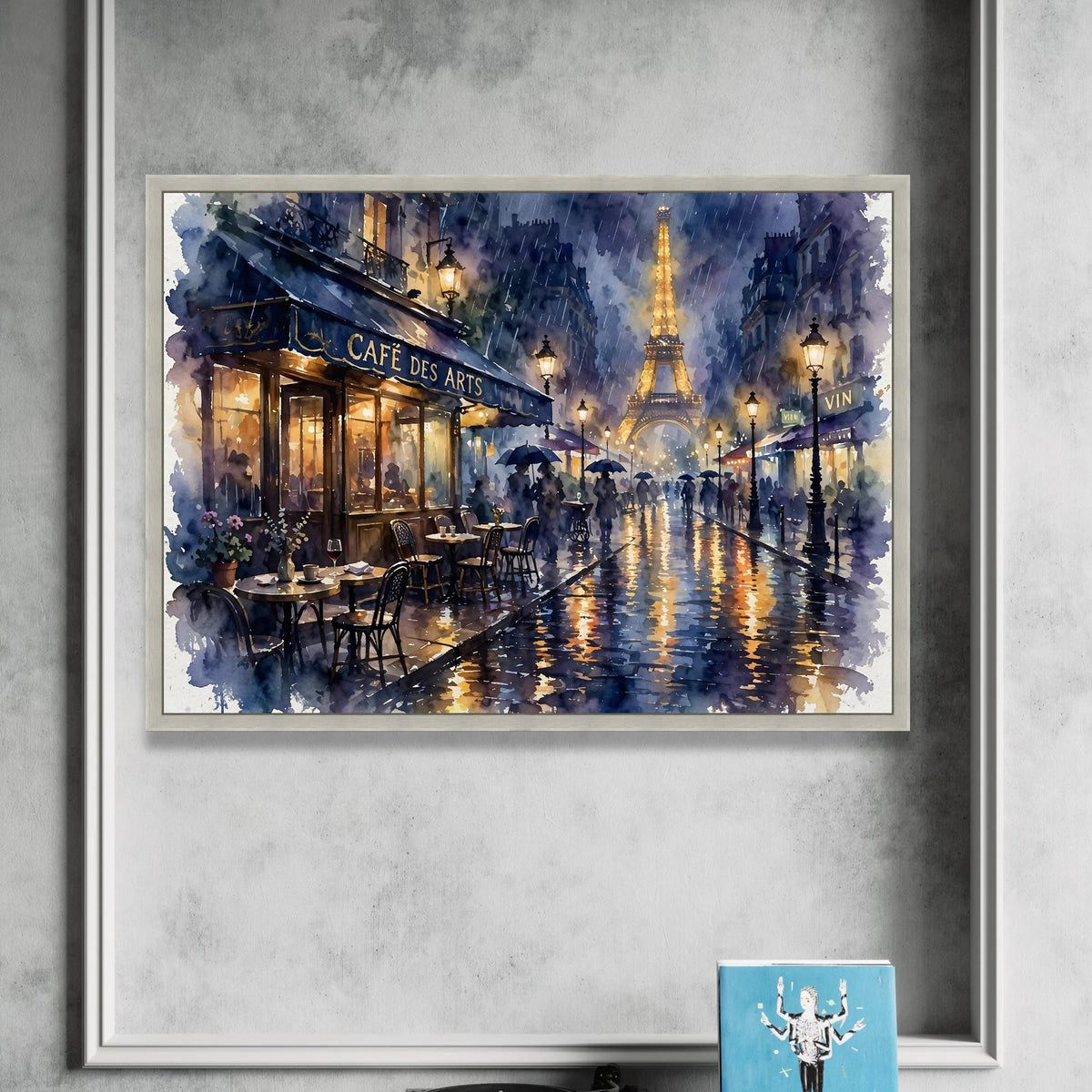 Rainy Paris Street Scene Canvas Wall Art, Eiffel Tower at Night, Cafe Terrace Painting, Romantic Cityscape Decor, Parisian Canvas Print Art