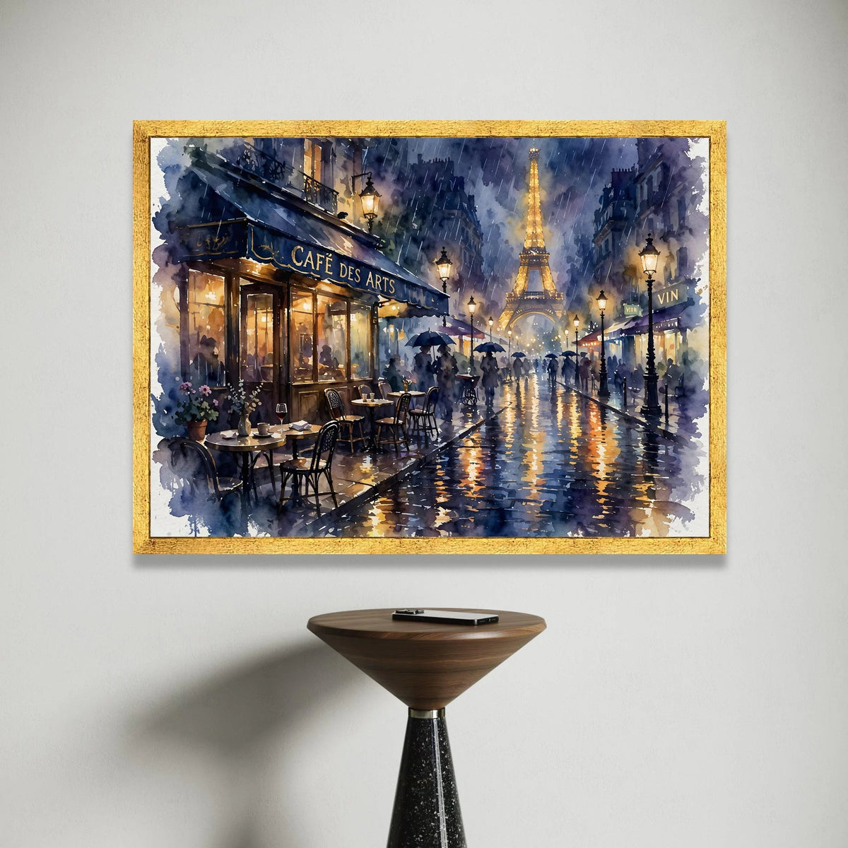 Rainy Paris Street Scene Canvas Wall Art, Eiffel Tower at Night, Cafe Terrace Painting, Romantic Cityscape Decor, Parisian Canvas Print Art