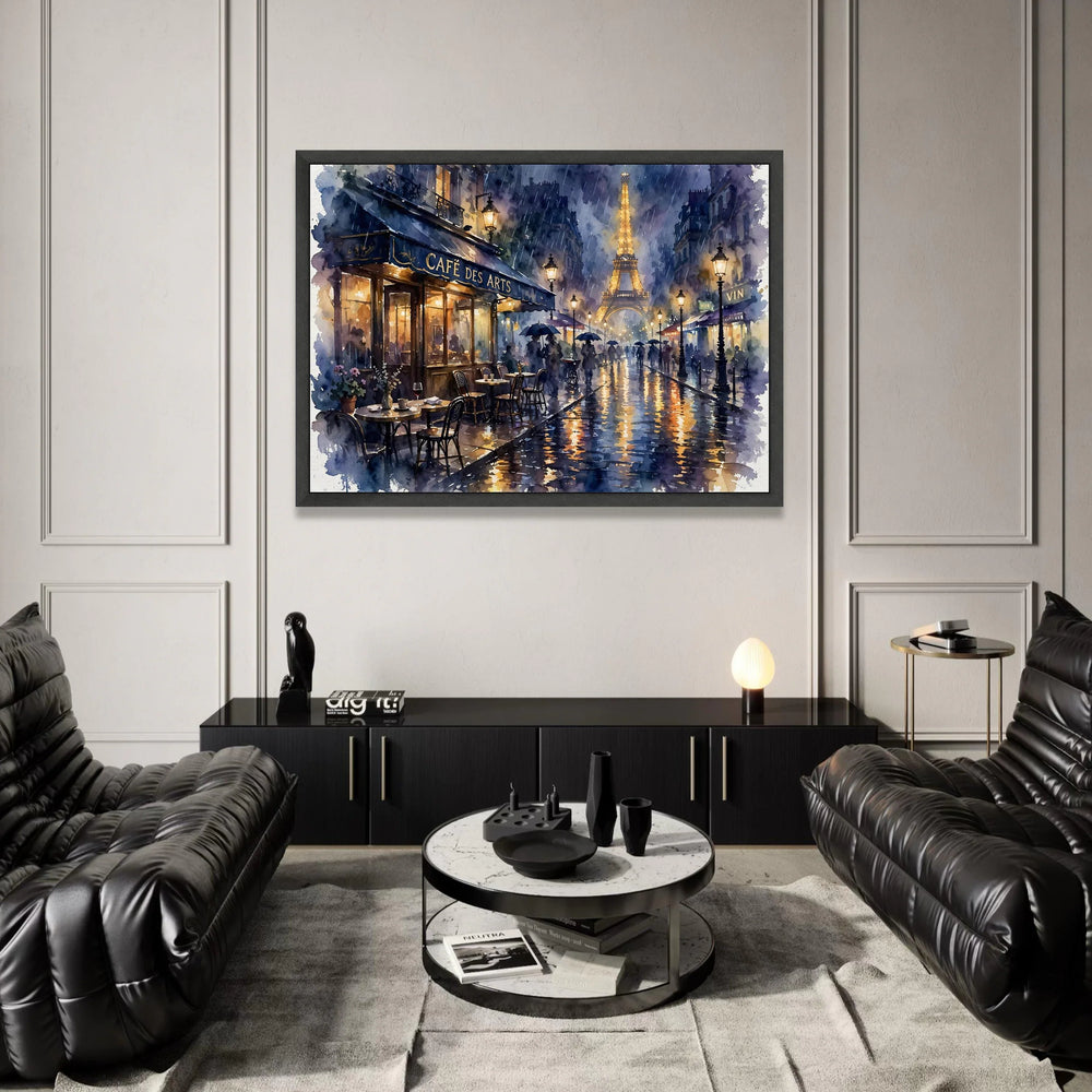 Rainy Paris Street Scene Canvas Wall Art, Eiffel Tower at Night, Cafe Terrace Painting, Romantic Cityscape Decor, Parisian Canvas Print Art