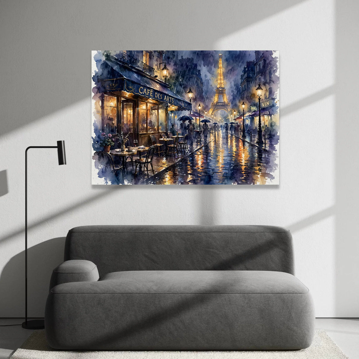 Rainy Paris Street Scene Canvas Wall Art, Eiffel Tower at Night, Cafe Terrace Painting, Romantic Cityscape Decor, Parisian Canvas Print Art